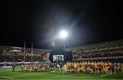 16 December 2023; Players and officials stand for a minute's silence for Former Ulster and Ireland player Syd Millar before the Investec Champions Cup Pool 2 Round 2 match between Ulster and Racing 92 at Kingspan Stadium in Belfast. Photo by Ramsey Cardy/Sportsfile