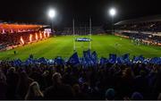 16 December 2023; Leinster supporters wave flags as players run out before the Investec Champions Cup Pool 4 Round 2 match between Leinster and Sale Sharks at the RDS Arena in Dublin. Photo by Harry Murphy/Sportsfile