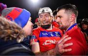 16 December 2023; Seán Fallon, right, and St Thomas' teammate Shane Cooney celebrate after the AIB GAA Hurling All-Ireland Senior Club Championship semi-final match between St Thomas' of Galway and Ballygunner of Waterford at Laois Hire O'Moore Park in Portlaoise, Laois. Photo by Ben McShane/Sportsfile