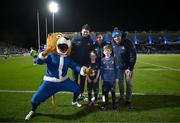 16 December 2023; Match mascots Ella Ní Bhuachalla and Charlie Flood with Leo the Lion and Leinster players Harry Byrne, Luke McGrath and Rhys Ruddock before the Investec Champions Cup Pool 4 Round 2 match between Leinster and Sale Sharks at the RDS Arena in Dublin. Photo by Harry Murphy/Sportsfile