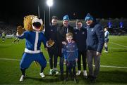 16 December 2023; Match mascot Charlie Flood with Leo the Lion and Leinster players Harry Byrne, Luke McGrath and Rhys Ruddock before the Investec Champions Cup Pool 4 Round 2 match between Leinster and Sale Sharks at the RDS Arena in Dublin. Photo by Harry Murphy/Sportsfile