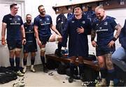 16 December 2023; Thomas Clarkson of Leinster, second right, sings in the dressing room alongside teammates, James Ryan Jason Jenkins, Jamison Gibson-Park and Andrew Porter after their side's victory in Investec Champions Cup Pool 4 Round 2 match between Leinster and Sale Sharks at the RDS Arena in Dublin. Photo by Harry Murphy/Sportsfile