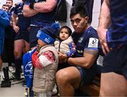16 December 2023;  Michael Ala'alatoa of Leinster with his sons Parker and Miles after his side's victory in the Investec Champions Cup Pool 4 Round 2 match between Leinster and Sale Sharks at the RDS Arena in Dublin. Photo by Harry Murphy/Sportsfile