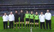 16 December 2023; Referee Maggie Farrelly with her match officials before the Currentaccount.ie LGFA All-Ireland Senior Club Championship final match between Ballymacarby of Waterford and Kilkerrin-Clonberne of Galway at Croke Park in Dublin. Photo by Piaras Ó Mídheach/Sportsfile