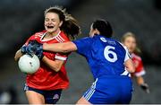 16 December 2023; Eva Noone of Kilkerrin-Clonberne in action against Louise Ryan of Ballymacarbry during the Currentaccount.ie LGFA All-Ireland Senior Club Championship final match between Ballymacarby of Waterford and Kilkerrin-Clonberne of Galway at Croke Park in Dublin. Photo by Piaras Ó Mídheach/Sportsfile