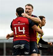 17 December 2023; Calvin Nash of Munster, left, is congatulated by teammate Seán O'Brien after scoring their side's first try during the Investec Champions Cup Pool 3 Round 2 match between Exeter Chiefs and Munster at Sandy Park in Exeter, England. Photo by Brendan Moran/Sportsfile