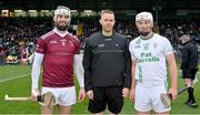 17 December 2023; Referee Michael Kennedy with team captains Neil McManus of Ruairí Óg Cushendall, left, and Mark Bergin of O’Loughlin Gaels before the AIB GAA Hurling All-Ireland Club Championship semi-final match between O'Loughlin Gaels, Kilkenny, and Ruairí Óg Cushendall, Antrim, at Páirc Tailteann in Navan, Meath. Photo by Seb Daly/Sportsfile