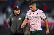 16 December 2023; Jarrad Butler of Connacht, right, with head of athletic performance Mikey Kiely after the Investec Champions Cup Pool 1 Round 2 match between Saracens and Connacht at Stone X Stadium in Barnet, England. Photo by Brendan Moran/Sportsfile