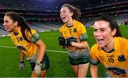 16 December 2023; Glanmire players, from left, Aishling McAllen, Abbie O'Mahony and Clare Murphy celebrate after their side's victory in the Currentaccount.ie LGFA All-Ireland Intermediate Club Championship final match between Ballinamore-Seán O'Heslin's of Leitrim and Glanmire of Cork at Croke Park in Dublin. Photo by Piaras Ó Mídheach/Sportsfile
