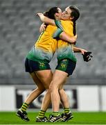 16 December 2023; Glanmire players Caoimhe Galvin, right, and Amy O'Lehane celebrate after their side's victory in the Currentaccount.ie LGFA All-Ireland Intermediate Club Championship final match between Ballinamore-Seán O'Heslin's of Leitrim and Glanmire of Cork at Croke Park in Dublin. Photo by Piaras Ó Mídheach/Sportsfile