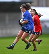17 December 2023; Rebecca Kean of Claremorris in action against Emer McCarthy of O'Donovan Rossa  during the Currentaccount.ie LGFA All-Ireland Junior Club Championship final match between Claremorris of Mayo and O'Donovan Rossa of Cork at Parnell Park in Dublin. Photo by Ben McShane/Sportsfile