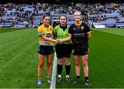 16 December 2023; Referee Siobhán Coyle with team captains Ellen Twomey of Glanmire and Gráinne Prior Ballinamore-Seán Heslin's before the Currentaccount.ie LGFA All-Ireland Intermediate Club Championship final match between Ballinamore-Seán O'Heslin's of Leitrim and Glanmire of Cork at Croke Park in Dublin. Photo by Piaras Ó Mídheach/Sportsfile