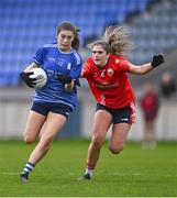 17 December 2023; Bree Hession of Claremorris in action against Sarah Hurley of O'Donovan Rossa during the Currentaccount.ie LGFA All-Ireland Junior Club Championship final match between Claremorris of Mayo and O'Donovan Rossa of Cork at Parnell Park in Dublin. Photo by Ben McShane/Sportsfile