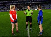 16 December 2023; Referee Maggie Farrelly with team captains Louise Ward of Kilkerrin-Clonberne and Aileen Wall of Ballymacarbry before the Currentaccount.ie LGFA All-Ireland Senior Club Championship final match between Ballymacarby of Waterford and Kilkerrin-Clonberne of Galway at Croke Park in Dublin. Photo by Piaras Ó Mídheach/Sportsfile