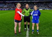16 December 2023; Referee Maggie Farrelly with team captains Louise Ward of Kilkerrin-Clonberne and Aileen Wall of Ballymacarbry before the Currentaccount.ie LGFA All-Ireland Senior Club Championship final match between Ballymacarby of Waterford and Kilkerrin-Clonberne of Galway at Croke Park in Dublin. Photo by Piaras Ó Mídheach/Sportsfile