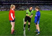 16 December 2023; Referee Maggie Farrelly with team captains Louise Ward of Kilkerrin-Clonberne and Aileen Wall of Ballymacarbry before the Currentaccount.ie LGFA All-Ireland Senior Club Championship final match between Ballymacarby of Waterford and Kilkerrin-Clonberne of Galway at Croke Park in Dublin. Photo by Piaras Ó Mídheach/Sportsfile