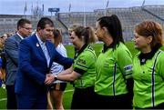 16 December 2023; Uachtarán Cumann Peil Gael na mBan Mícheál Naughton and Frank Whitney, Chief Operations Officer, Payac, behind, meeting players and match officials before the Currentaccount.ie LGFA All-Ireland Intermediate Club Championship final match between Ballinamore-Seán O'Heslin's of Leitrim and Glanmire of Cork at Croke Park in Dublin. Photo by Piaras Ó Mídheach/Sportsfile