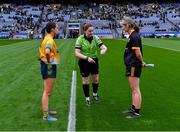 16 December 2023; Referee Siobhán Coyle with team captains Ellen Twomey of Glanmire and Gráinne Prior Ballinamore-Seán Heslin's before the Currentaccount.ie LGFA All-Ireland Intermediate Club Championship final match between Ballinamore-Seán O'Heslin's of Leitrim and Glanmire of Cork at Croke Park in Dublin. Photo by Piaras Ó Mídheach/Sportsfile