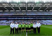 16 December 2023; Referee Siobhán Coyle with her match officials before the Currentaccount.ie LGFA All-Ireland Intermediate Club Championship final match between Ballinamore-Seán O'Heslin's of Leitrim and Glanmire of Cork at Croke Park in Dublin. Photo by Piaras Ó Mídheach/Sportsfile