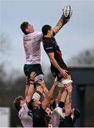 16 December 2023; Juan Martin Gonzalez of Saracens, right, wins a lineout from Gavin Thornbury of Connacht during the Investec Champions Cup Pool 1 Round 2 match between Saracens and Connacht at Stone X Stadium in Barnet, England. Photo by Brendan Moran/Sportsfile