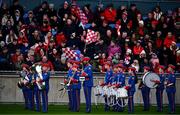 17 December 2023; Members of the Artane Band stand at attention before the Currentaccount.ie LGFA All-Ireland Junior Club Championship final match between Claremorris of Mayo and O'Donovan Rossa of Cork at Parnell Park in Dublin. Photo by Ben McShane/Sportsfile