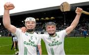 17 December 2023; O'Loughlin Gaels players David Fogarty, left, and Mikey Butler celebrate after their side's victory in the AIB GAA Hurling All-Ireland Club Championship semi-final match between O'Loughlin Gaels, Kilkenny, and Ruairí Óg Cushendall, Antrim, at Páirc Tailteann in Navan, Meath. Photo by Seb Daly/Sportsfile