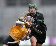17 December 2023; Brooke Flynn of Na Fianna in action against Michelle Costello of Clanmaurice during the AIB Camogie All-Ireland Intermediate Club Championship final match between Clanmaurice of Kerry and Na Fianna of Meath at Croke Park in Dublin. Photo by Stephen Marken/Sportsfile