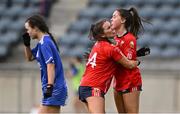 17 December 2023; Éabha O'Donovan of O'Donovan Rossa celebrates with teammate Kate O'Donovan, left, after scoring their side's second goal during the Currentaccount.ie LGFA All-Ireland Junior Club Championship final match between Claremorris of Mayo and O'Donovan Rossa of Cork at Parnell Park in Dublin. Photo by Ben McShane/Sportsfile