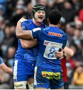 17 December 2023; Jack Dunne, left, and Greg Fisilau of Exeter Chiefs celebrate their side's victory in the Investec Champions Cup Pool 3 Round 2 match between Exeter Chiefs and Munster at Sandy Park in Exeter, England. Photo by Brendan Moran/Sportsfile