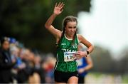 17 December 2023; Savanagh O'Callaghan of Tuam, Galway, celebrates finishing third overall in the girls under 18 5km during the National Race Walking Championships and World Athletics Race Walking Tour Bronze at Raheny Park in Dublin. Photo by Sam Barnes/Sportsfile