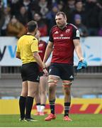 17 December 2023; Munster captain Tadhg Beirne speaks to referee Mathieu Raynal during the Investec Champions Cup Pool 3 Round 2 match between Exeter Chiefs and Munster at Sandy Park in Exeter, England. Photo by Brendan Moran/Sportsfile