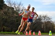 17 December 2023; Agnieszka Ellward of Poland competes in the women's 20km and Clayton Stoil of USA competes in the men's U20 10km  during the National Race Walking Championships and World Athletics Race Walking Tour Bronze at Raheny Park in Dublin. Photo by Sam Barnes/Sportsfile