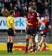 17 December 2023; Munster captain Tadhg Beirne speaks to referee Mathieu Raynal in the final play during the Investec Champions Cup Pool 3 Round 2 match between Exeter Chiefs and Munster at Sandy Park in Exeter, England. Photo by Brendan Moran/Sportsfile