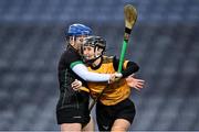 17 December 2023; Na Fianna goalkeeper Niamh Kirby in action against Jackie Horgan of Clanmaurice during the AIB Camogie All-Ireland Intermediate Club Championship final match between Clanmaurice of Kerry and Na Fianna of Meath at Croke Park in Dublin. Photo by Piaras Ó Mídheach/Sportsfile