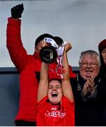 17 December 2023; O'Donovan Rossa captain Lisa Harte lifts the cup after during the Currentaccount.ie LGFA All-Ireland Junior Club Championship final match between Claremorris of Mayo and O'Donovan Rossa of Cork at Parnell Park in Dublin. Photo by Ben McShane/Sportsfile
