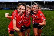 17 December 2023; O'Donovan Rossa players, from left, Emer McCarthy, Allie Tobin and Sarah Hurley celebrate after the Currentaccount.ie LGFA All-Ireland Junior Club Championship final match between Claremorris of Mayo and O'Donovan Rossa of Cork at Parnell Park in Dublin. Photo by Ben McShane/Sportsfile