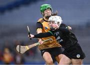 17 December 2023; Patrice Diggin of Clanmaurice in action against Leah Devine of Na Fianna during the AIB Camogie All-Ireland Intermediate Club Championship final match between Clanmaurice of Kerry and Na Fianna of Meath at Croke Park in Dublin. Photo by Piaras Ó Mídheach/Sportsfile