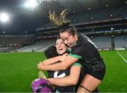 17 December 2023; Clanmaurice players, from left, Rachel McCarthy, Niamh Leen and Danielle O’Leary celebrate after their side's victory in during the AIB Camogie All-Ireland Intermediate Club Championship final match between Clanmaurice of Kerry and Na Fianna of Meath at Croke Park in Dublin. Photo by Piaras Ó Mídheach/Sportsfile