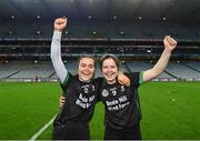 17 December 2023; Clanmaurice players Rachel McCarthy, left, and Kate Lynch celebrate after their side's victory in the AIB Camogie All-Ireland Intermediate Club Championship final match between Clanmaurice of Kerry and Na Fianna of Meath at Croke Park in Dublin. Photo by Piaras Ó Mídheach/Sportsfile