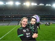 17 December 2023; Elaine Ryall of Clanmaurice celebrates with her daughter Fiadh, age 3, after the AIB Camogie All-Ireland Intermediate Club Championship final match between Clanmaurice of Kerry and Na Fianna of Meath at Croke Park in Dublin. Photo by Piaras Ó Mídheach/Sportsfile