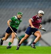 17 December 2023; Orla Hanrick of Dicksboro in action against Laura Ward of Sarsfields during the AIB Camogie All-Ireland Senior Club Championship final match between Dicksboro of Kilkenny and Sarsfields of Galway at Croke Park in Dublin. Photo by Stephen Marken/Sportsfile