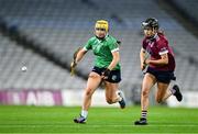 17 December 2023; Shannon Corcoran of Sarsfields in action against Katie Byrne of Dicksboro during the AIB Camogie All-Ireland Senior Club Championship final match between Dicksboro of Kilkenny and Sarsfields of Galway at Croke Park in Dublin. Photo by Piaras Ó Mídheach/Sportsfile