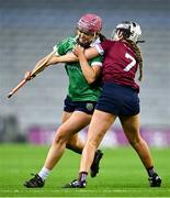 17 December 2023; Orlaith McGrath of Sarsfields in action against Ciara Phelan of Dicksboro during the AIB Camogie All-Ireland Senior Club Championship final match between Dicksboro of Kilkenny and Sarsfields of Galway at Croke Park in Dublin. Photo by Piaras Ó Mídheach/Sportsfile