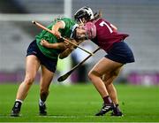 17 December 2023; Orlaith McGrath of Sarsfields in action against Ciara Phelan of Dicksboro during the AIB Camogie All-Ireland Senior Club Championship final match between Dicksboro of Kilkenny and Sarsfields of Galway at Croke Park in Dublin. Photo by Piaras Ó Mídheach/Sportsfile