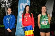 17 December 2023; Girls under 18 5km medallists, Alessia Pop of Romania, centre, gold, Petra Kusá of Slovakia, left, silver, and Savanagh O'Callaghan of Tuam, Galway, right, bronze, during the National Race Walking Championships and World Athletics Race Walking Tour Bronze at Raheny Park in Dublin. Photo by Sam Barnes/Sportsfile