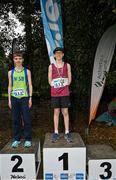 17 December 2023; Boys under 16 3km medallists, Daniel Glennon of Mullingar Harriers, Westmeath, right, gold, and Ryan Mcdevitt of Metro St Brigids, Dublin, left, silver, during the National Race Walking Championships and World Athletics Race Walking Tour Bronze at Raheny Park in Dublin. Photo by Sam Barnes/Sportsfile