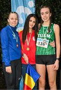 17 December 2023; Girls under 18 5km medallists, Alessia Pop of Romania, centre, gold, Petra Kusá of Slovakia, left, silver, and Savanagh O'Callaghan of Tuam, Galway, right, bronze, during the National Race Walking Championships and World Athletics Race Walking Tour Bronze at Raheny Park in Dublin. Photo by Sam Barnes/Sportsfile