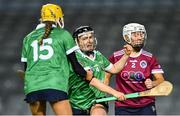 17 December 2023; Siobhán McGrath of Sarsfields, 14, celebrates after scoring her side's first goal during the AIB Camogie All-Ireland Senior Club Championship final match between Dicksboro of Kilkenny and Sarsfields of Galway at Croke Park in Dublin. Photo by Piaras Ó Mídheach/Sportsfile