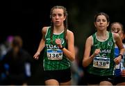 17 December 2023; Athletes from left, Savanagh O'Callaghan, left, and  Holly Shaughnessy of Tuam, Galway, compete in the girls under 18 5km  during the National Race Walking Championships and World Athletics Race Walking Tour Bronze at Raheny Park in Dublin. Photo by Sam Barnes/Sportsfile
