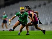17 December 2023; Shannon Corcoran of Sarsfields in action against Katie Byrne of Dicksboro during the AIB Camogie All-Ireland Senior Club Championship final match between Dicksboro of Kilkenny and Sarsfields of Galway at Croke Park in Dublin. Photo by Stephen Marken/Sportsfile
